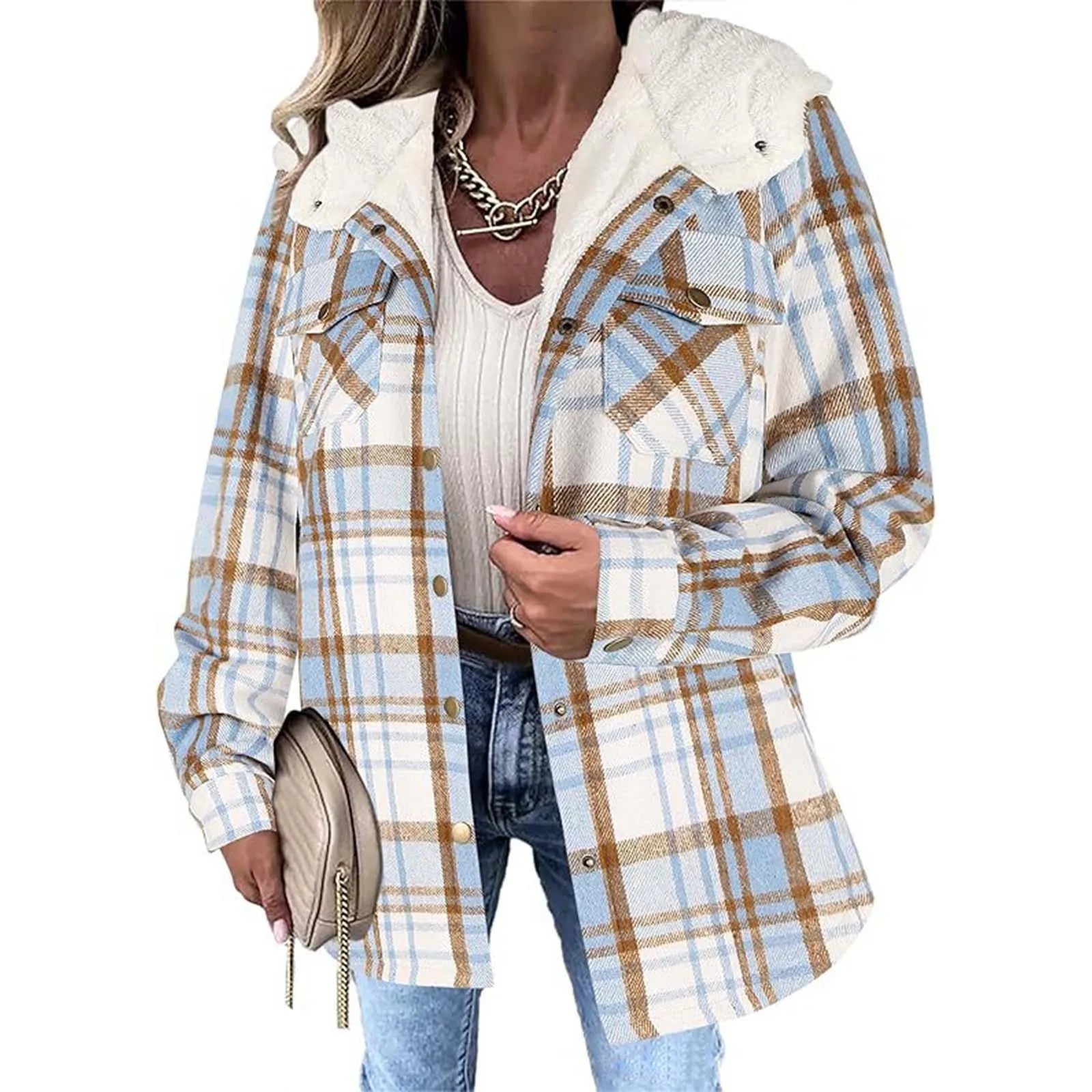 Person wearing a plaid jacket with a white hood on a white background