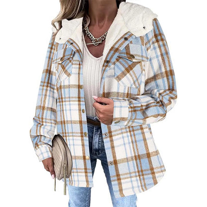Person wearing a plaid jacket with a white hood on a white background
