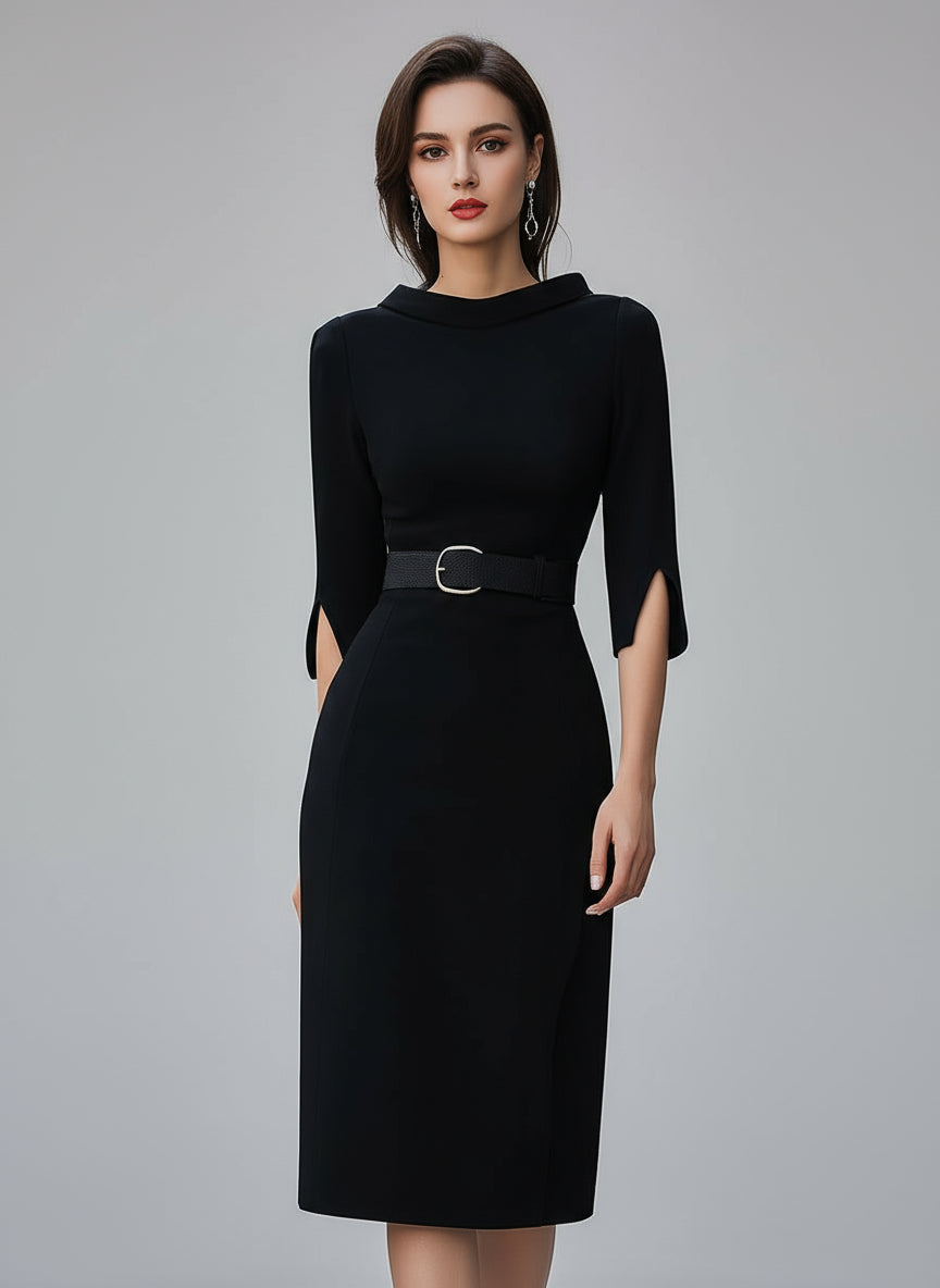 Venisse Black Belted Midi Dress