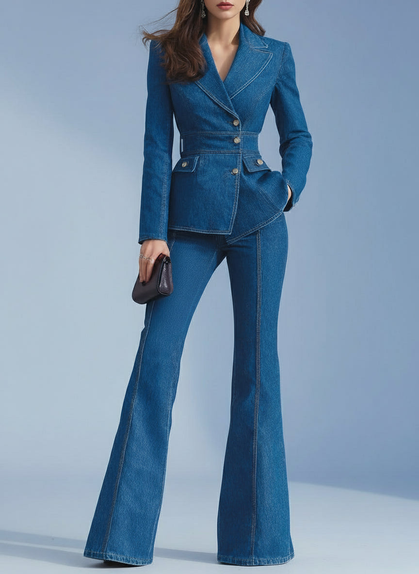 Nivara Blue Denim Blazer - Flared Pants Set