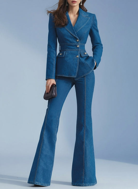 Nivara Blue Denim Blazer - Flared Pants Set