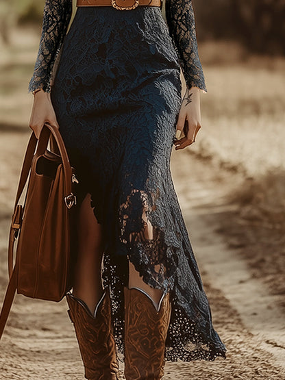 Avelora Bohemian Blue Lace Midi Dress