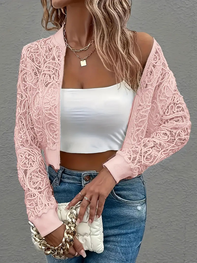Ravetta Lace Mesh Cropped Bomber Jacket