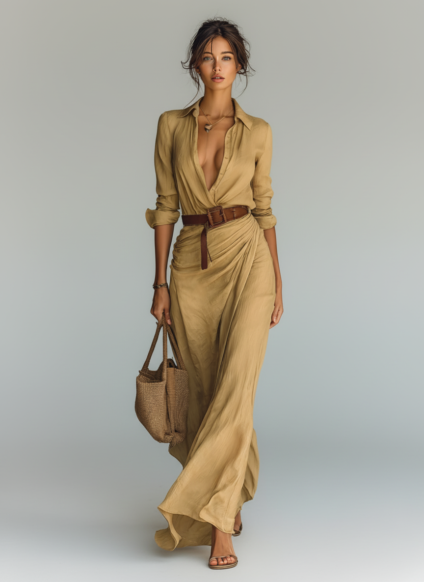 Isolene long-sleeve belted maxi dress
