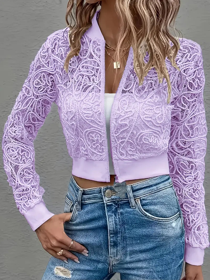Ravetta Lace Mesh Cropped Bomber Jacket