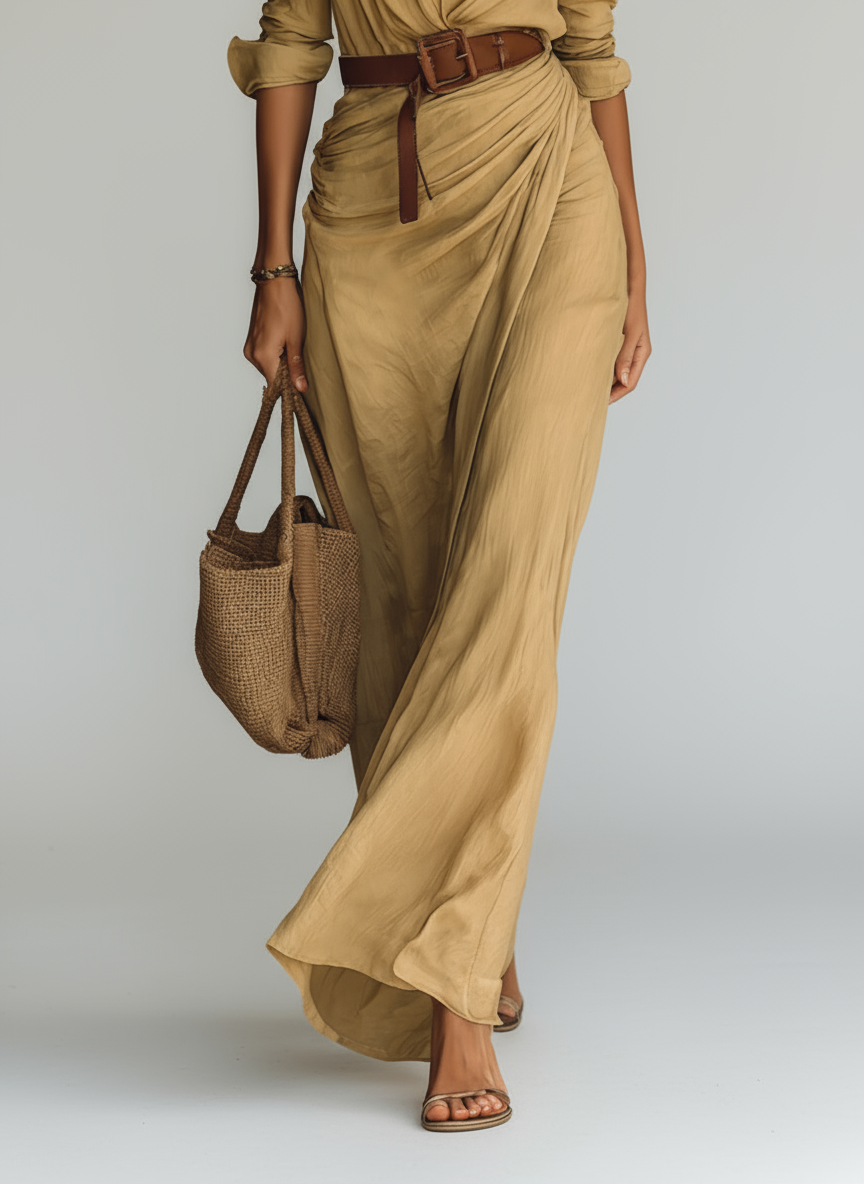Isolene long-sleeve belted maxi dress