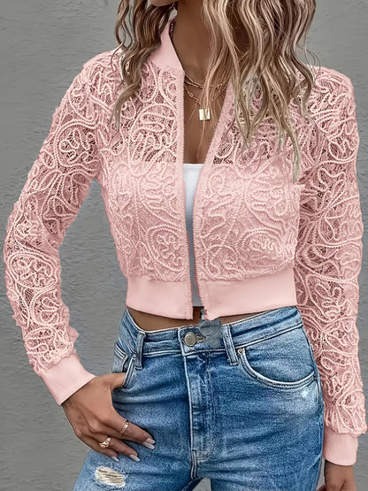 Ravetta Lace Mesh Cropped Bomber Jacket