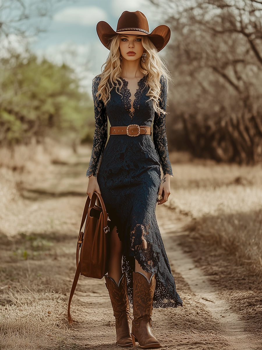 Avelora Bohemian Blue Lace Midi Dress