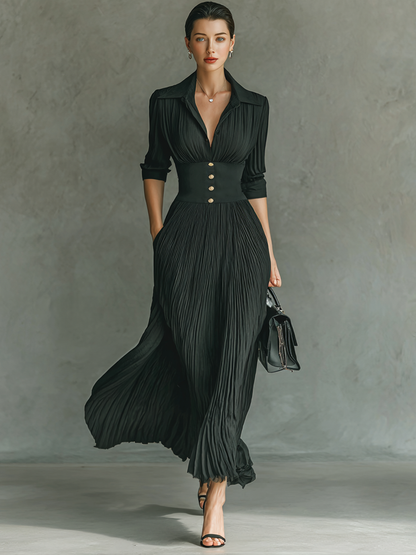 Maison Pleated Lapel Maxi Dress