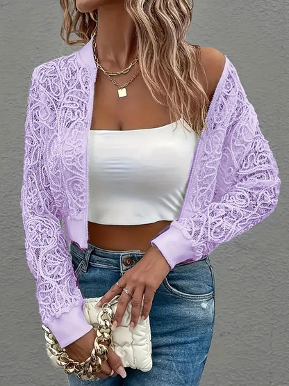 Ravetta Lace Mesh Cropped Bomber Jacket