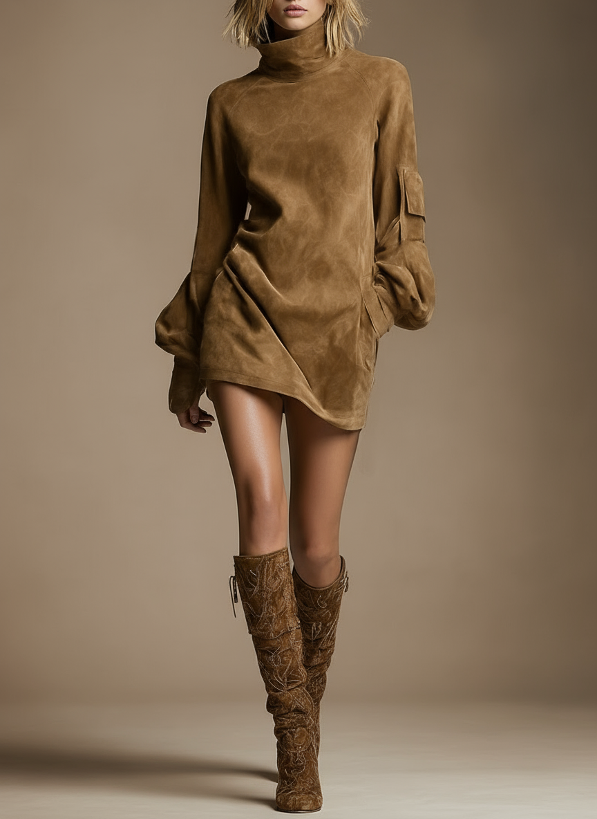 Bellevie Vintage Suede Turtleneck Mini Dress