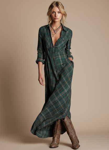 Delphina Plaid Lapel Maxi Dress