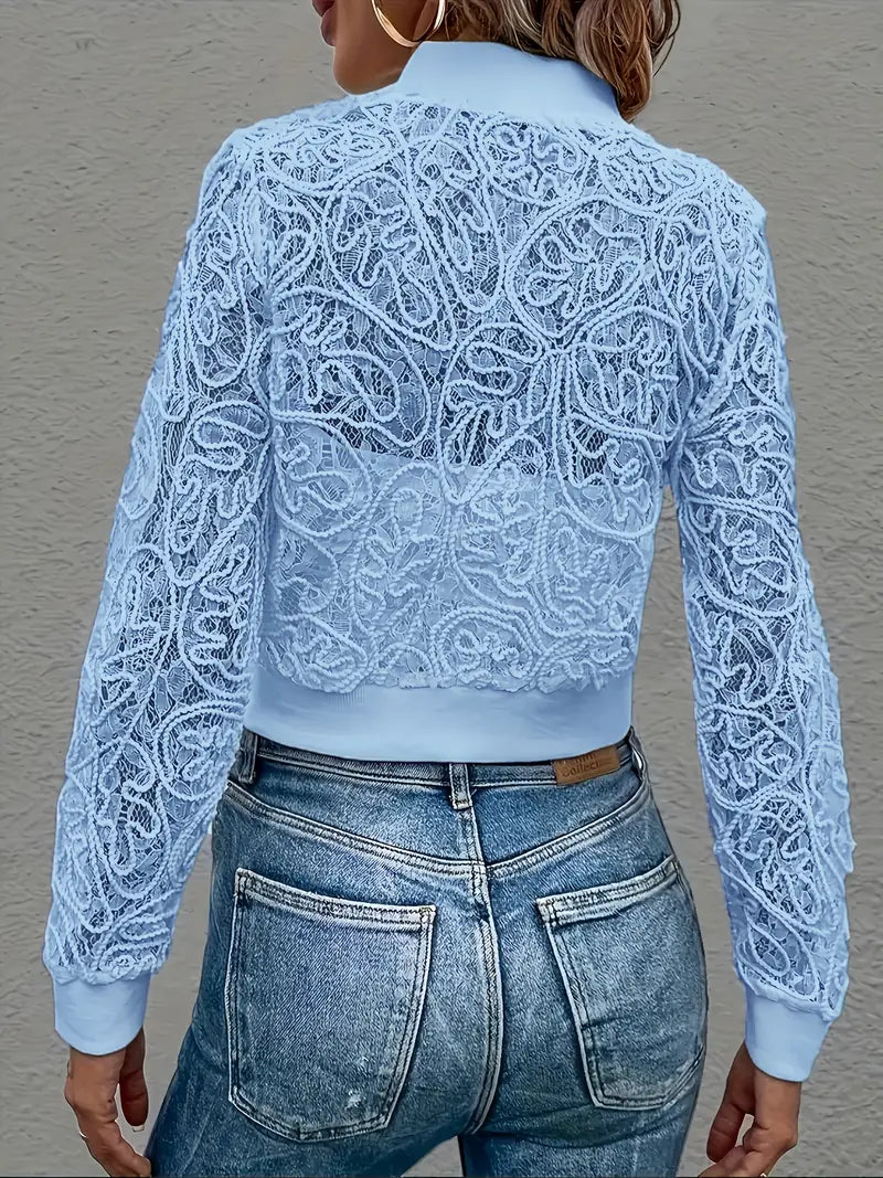 Ravetta Lace Mesh Cropped Bomber Jacket