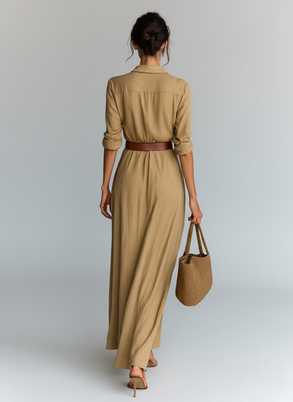 Isolene long-sleeve belted maxi dress