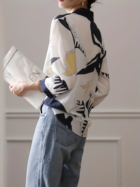 Person wearing a patterned shirt and holding a white bag with a logo.