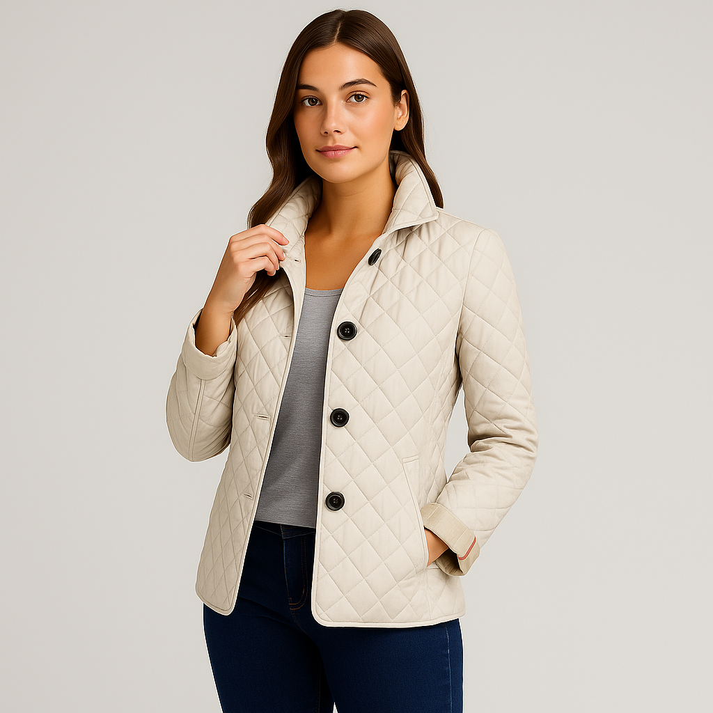 Woman wearing a beige quilted jacket on a plain background