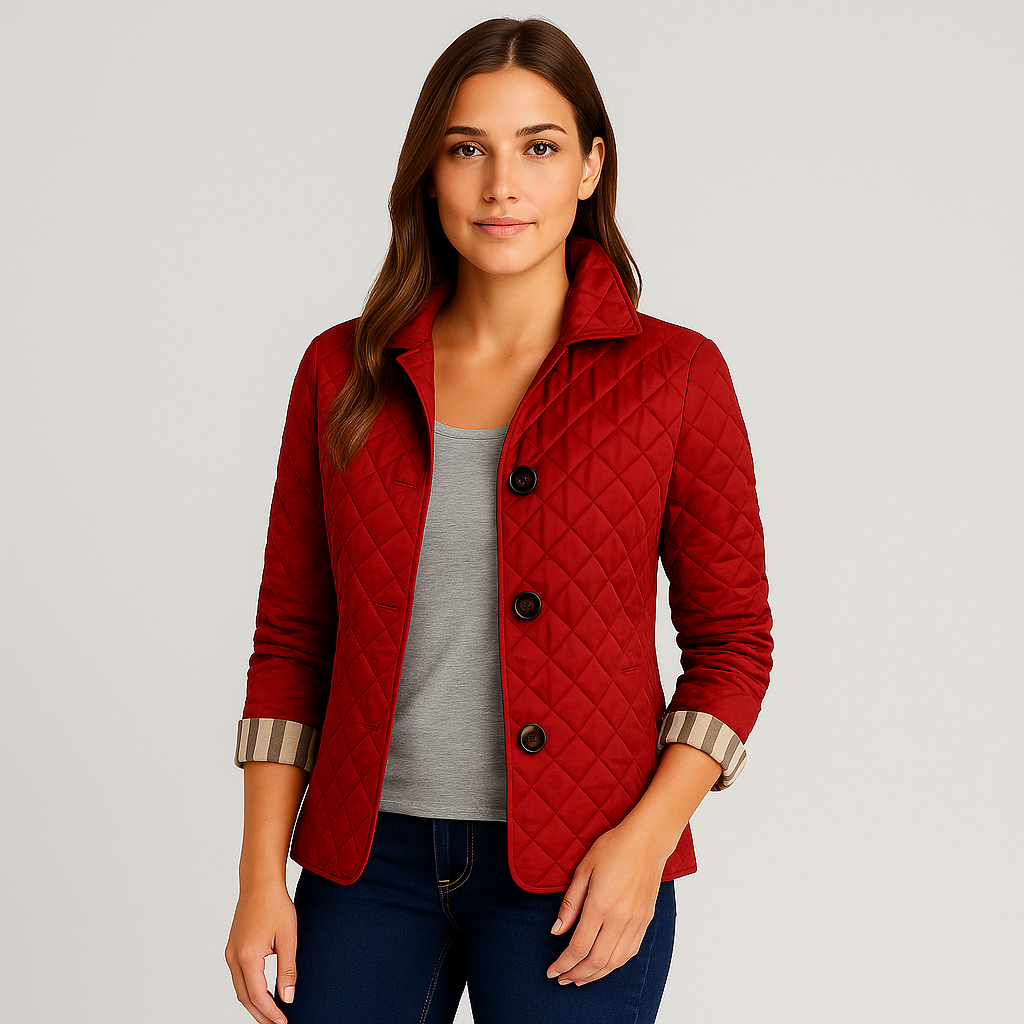 Woman wearing a red quilted jacket on a gray background